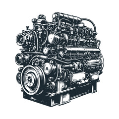 Canvas Print - The diesel machine engine. Black white vector logo illustration