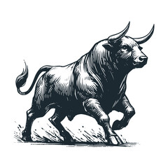 Sticker - The big black bull. Black white vector illustration.
