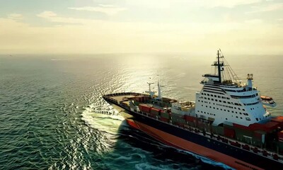 Poster - A large cargo ship sails through the calm waters of the ocean, creating a wake behind it. The sky is clear and bright, and the ship is loaded with shipping containers.