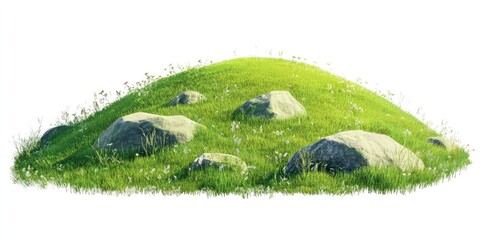 Wall Mural - A grassy hill with rocks on a white background