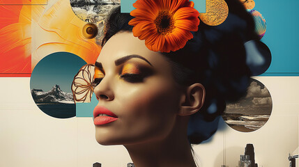 Wall Mural - modern pop art paper collage portrait of young woman contemporary abstract poster. retro concept