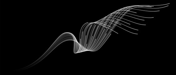 Poster - Vector abstract light lines wavy flowing dynamic in white grey gradient isolated on black background for concept of AI technology, digital, communication, 5G, science, music