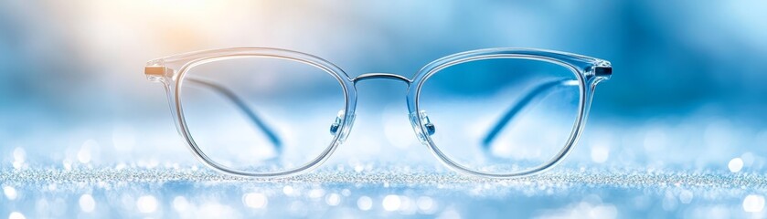 Clear eyeglasses on blue background close-up