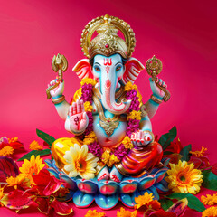 Wall Mural - colorful lord ganesha statue on red background