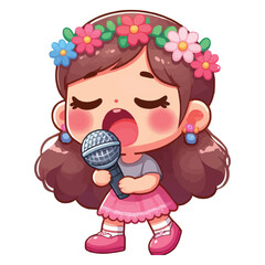 Wall Mural - cartoon Little girl singing holding a wireless microphone