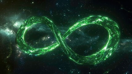 a green infinity symbol, illuminated and glowing, against a backdrop of twinkling stars and a distan