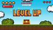 © Maderla - Pixel art game level up background.Video game level up background. Retro 8 bit video game interface with You Win text, computer game level up background.