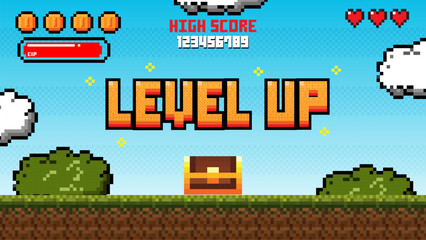Poster - Pixel art game level up background.Video game level up background. Retro 8 bit video game interface with You Win text, computer game level up background.
