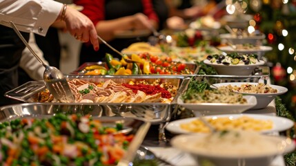 Christmas Dinner Buffet with Guests Enjoying Holiday Dishes and Festive Atmosphere