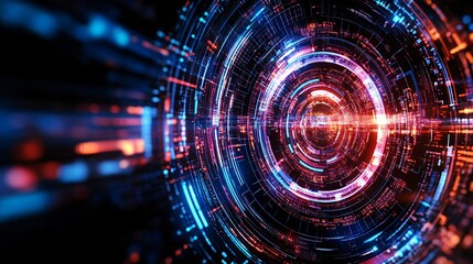 Poster - Colorful abstract background showcasing circular patterns with vibrant lights and motion effects for technology themes.