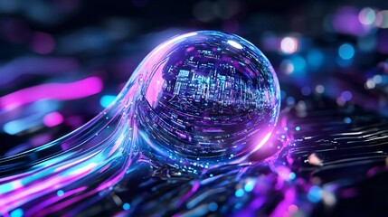 Poster - Futuristic abstract sphere reflecting vibrant colors in a dynamic liquid landscape, perfect for digital art and technology themes.