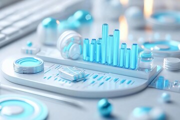 Poster - Stylish data visualization with blue bars, graphs, and circular elements on a modern workspace. Ideal for tech and business themes.