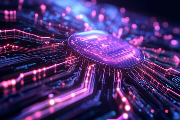 Poster - Vibrant close-up of a futuristic circuit board with glowing lines, showcasing technology and innovation in digital electronics.