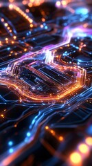 Poster - Vibrant digital circuit with glowing lights and intricate patterns, ideal for technology and innovation themes.