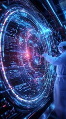 Poster - A scientist interacting with advanced technology in a digital interface, symbolizing innovation and futuristic research.