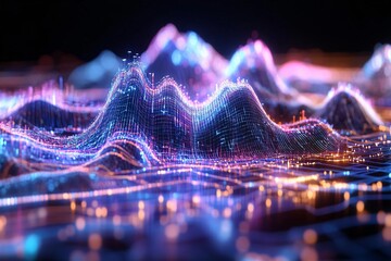 Poster - A stunning abstract representation of digital waves and peaks, illuminated with vibrant colors, ideal for technology and innovation themes.