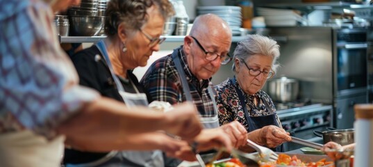 Wall Mural - Middle-Aged Friends Cooking French Cuisine in Class Learning History and Techniques