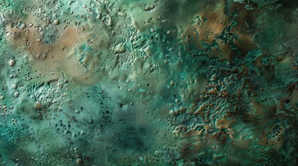 Poster - A close-up image of a textured metal surface. The surface is predominantly green with brown and teal accents. The metal has a rough, irregular texture with small, raised bumps and swirls.