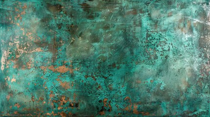 Poster - A close-up photograph of a textured copper surface, covered in a vibrant green patina, with scattered areas of exposed, reddish-brown copper underneath. The surface shows signs of wear and weathering,