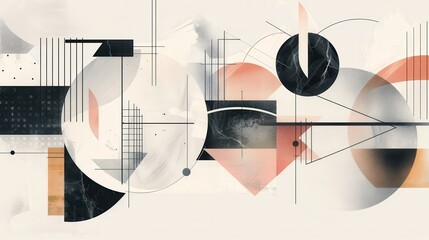Leinwandbilder - An abstract geometric composition featuring overlapping circles, triangles, and lines. The artwork is predominantly black, white, and gray with accents of light orange. The shapes are arranged in a dy