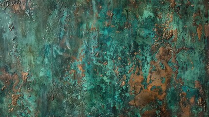 Poster - A close-up, macro photograph of a textured surface with a mottled green and copper patina. The surface has a rough, uneven texture with areas of peeling and flaking. The colors are rich and vibrant, w