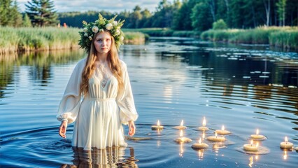 Poster - slavic woman nymph stands in water