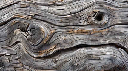 Poster - A close-up shot of a piece of weathered wood, showing its intricate grain and numerous knots. The wood is a light gray color, with some darker patches and areas of yellowed sapwood. The texture is rou