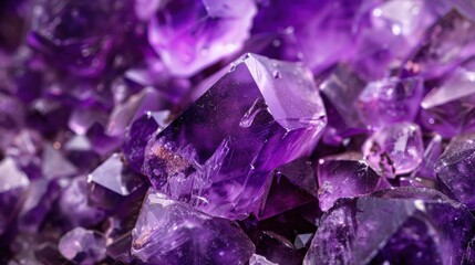 Poster - A close-up image captures the intricate details of a cluster of amethyst crystals. The vibrant purple hues of the gemstones create a mesmerizing and beautiful display, highlighting the natural beauty 