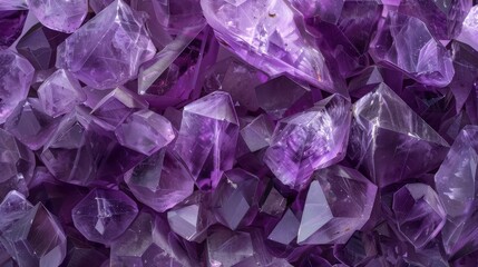 Poster - A large group of amethyst crystals is pictured, with a close-up view of their purple and clear facets.