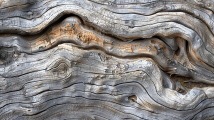 Poster - The image shows a close-up of a weathered tree trunk, revealing a network of gnarled branches and intricate grain patterns. The wood is a mix of light and dark gray, with some areas showing a reddish-