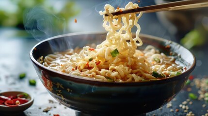 A bowl of ramen noodles being cooked with bubbling water and spices,