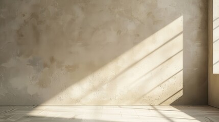 Poster - A single window is positioned in the corner of a room, casting long diagonal stripes of sunlight onto the textured, beige concrete wall. The room is empty and the sunlight is the only source of illumi