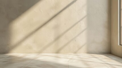 Poster - Sunlight streams through a window onto a beige wall and floor, casting long shadows across the room. The light illuminates the floor, creating a bright, inviting space.