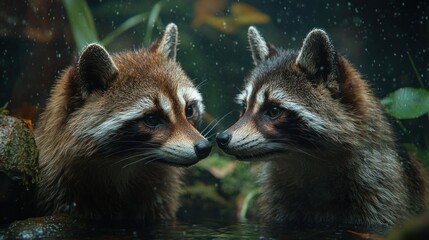 Two Raccoons Looking at Each Other in Water