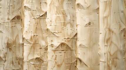Poster - A close-up view of several sections of birch tree bark, showing the natural texture of the wood and its unique patterns. The bark is light brown in color, with some darker areas, and the texture is ro