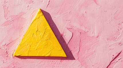 Poster - A yellow triangle, painted with thick, textured strokes, sits on a pink textured surface. The triangle casts a faint shadow on the surface, highlighting the uneven texture of the pink.