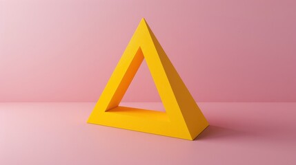 Aufkleber - A bright yellow triangle shape sits on a light pink background, casting a subtle shadow. The triangle is made of thick, paper-like material, and has a hollow center. The simple composition highlights 
