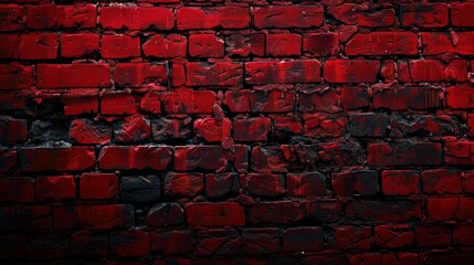 Poster - A close-up of a weathered red brick wall, showing the texture of the bricks and the mortar between them. The bricks are a deep red color, and some are chipped or broken. The mortar is a darker color, 
