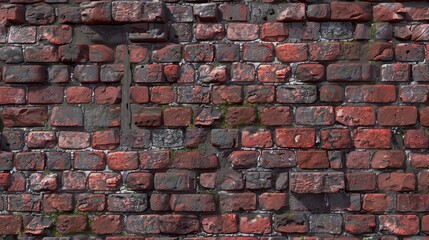 Poster - A close-up view of a weathered red brick wall. The bricks are arranged in a traditional running bond pattern. Some of the bricks are chipped and cracked, and there is green moss growing in the mortar 