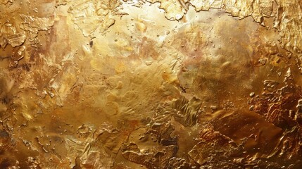 Poster - A close-up view of a textured, metallic gold paint surface. The paint has been applied in thick layers, creating a variety of peaks and valleys. Light reflects off of the surface, creating a shimmerin