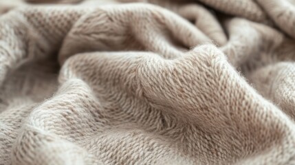 Poster - The image shows a close up view of a wrinkled, soft, beige knit fabric. The fabric is light and airy, with a subtle texture. The light shines through the fabric, highlighting the fine details of the k