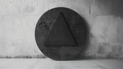 Poster - A black triangle is centered inside a large, black circular object. The object is sitting in front of a textured concrete wall with grey and white tones.