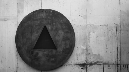 Aufkleber - A black, circular object with a triangle cut-out is mounted to a gray, concrete wall. The circle is smooth and appears to be made of metal. The concrete wall has a rough, textured surface.