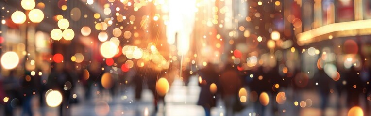Poster - An out-of-focus shot of a city street with bright lights and people walking. The sun is setting, creating a warm glow in the background.