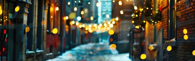 Aufkleber - A narrow, snow-covered alleyway in a city is lit up with festive string lights hanging from the buildings above. The lights are out of focus, creating a warm, inviting glow.