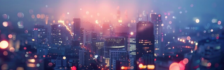 Aufkleber - An aerial view of a city at dusk, with many tall buildings and blurred lights. The sky is filled with a soft, pink and purple haze. The city lights twinkle through the fog, creating a beautiful and dr