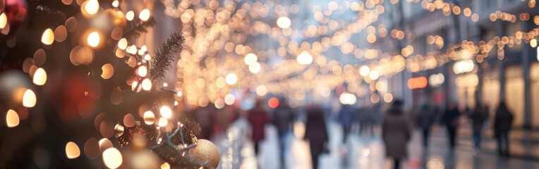 Aufkleber - A blurred background of people walking down a city street lined with string lights. The lights are out of focus, creating a festive, warm glow.
