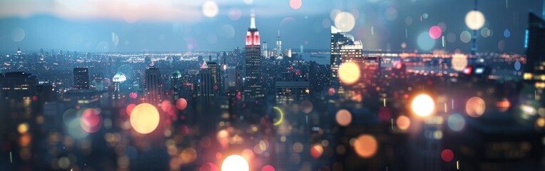 Aufkleber - A wide shot of New York City's skyline at dusk, showing tall skyscrapers bathed in the warm glow of streetlights and car headlights. The image is slightly out of focus, creating a dreamy and atmospher