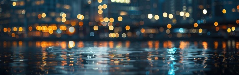 Poster - A close-up view of a wet city street, showing the reflection of out-of-focus city lights in the water. The lights are bright and colorful, and the water is still and reflective. The scene is tranquil 