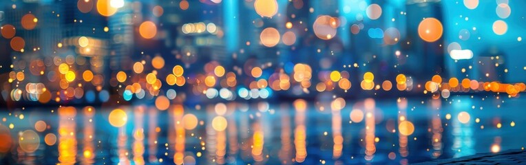 Poster - A blurry, colorful image of a city skyline at night. The lights from the city buildings reflect on a body of water, creating a shimmering, almost abstract effect.